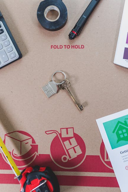 Close-up view of a cardboard moving box used for home relocation, with various packing items resting on it. Visible objects include a roll of black tape, a black marker pen, a keyring with a small silver house-shaped charm and an antique-style key, a yellow measuring tape partially coiled, and a calculator. The box features printed red icons indicating packing and moving steps, with a partially visible document or instruction sheet nearby. The scene is set indoors, with soft ambient lighting, capturing the preparation stage of furniture transport and packing within a house removal process. The presence of these packing supplies and tools relates to the services offered by Man with Van Harlesden, highlighting the logistics involved in professional removals.